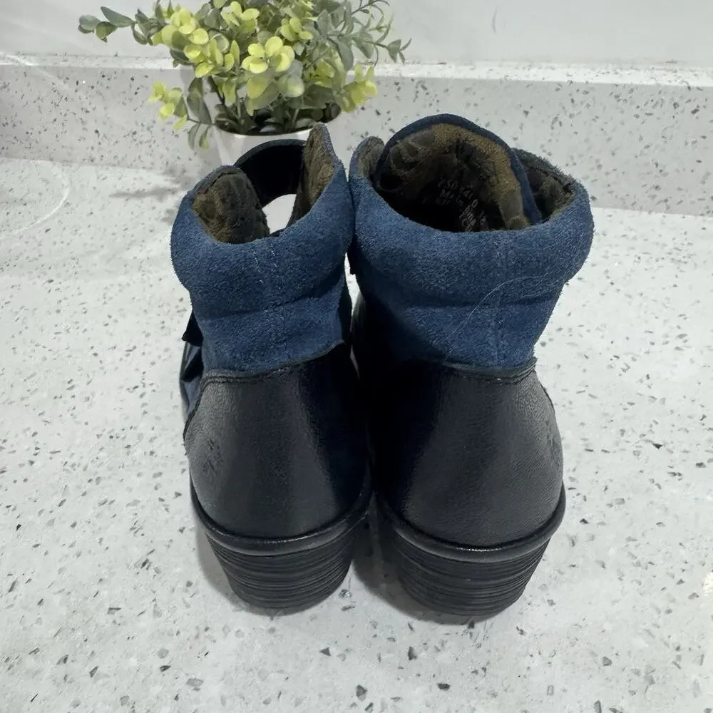 Fly London Yugo Suede Wedge Booties Blue Leather 38